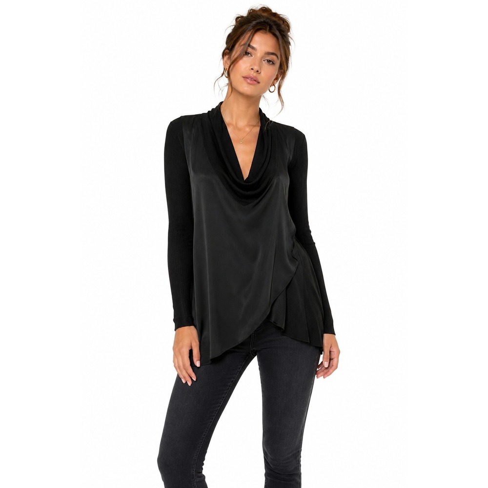 Deletta Women Cowl Neck Mixed Media Top Small Black Asymmetrical Ribbed Y2K